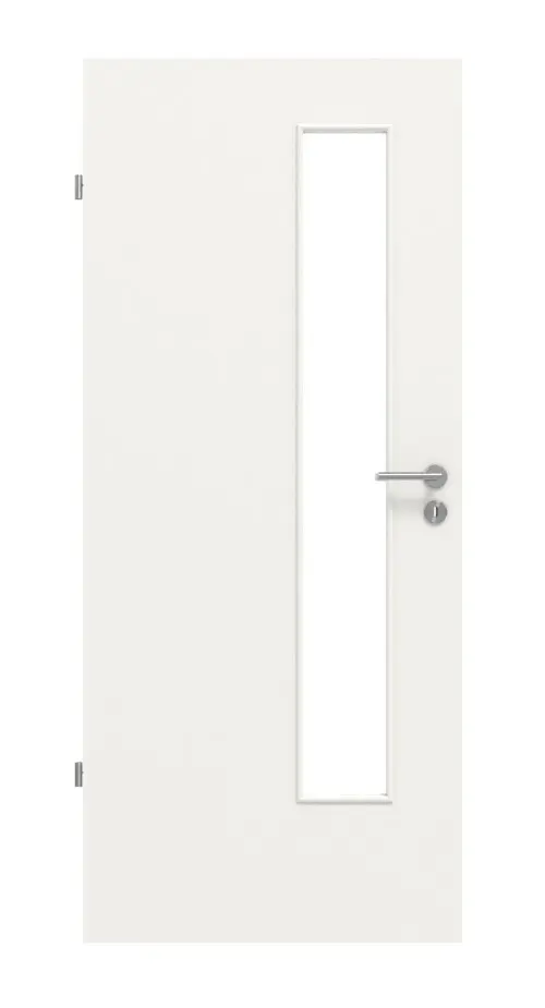 Widok frontowy białych drzwi wewnętrznych marki Huga, kolor podobny do RAL 9016, LA 24 od strony zamka, lakier Basic.