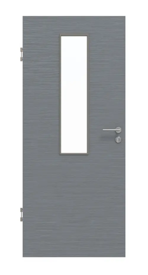 Widok frontowy drzwi wewnętrznych Huga Basic, strukturyzowana Hygge szary, 4 LA na środku.