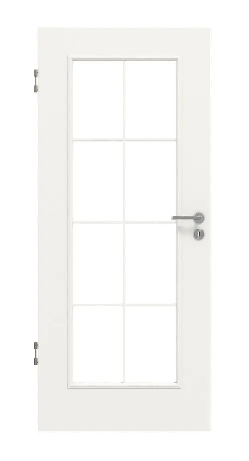 Widok frontowy drzwi wewnętrznych HUGA styl wiejski 1 biały lakier klasyczny z przeszkleniem LA szprosy 2/4