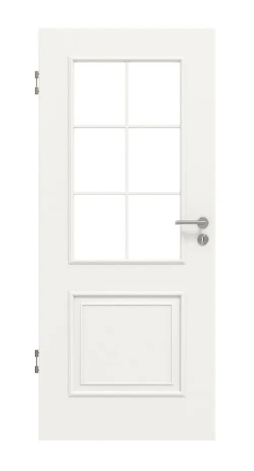Widok frontowy drzwi wewnętrznych HUGA styl wiejski 2 biały lakier klasyczny z przeszkleniem LA szpros 2/3