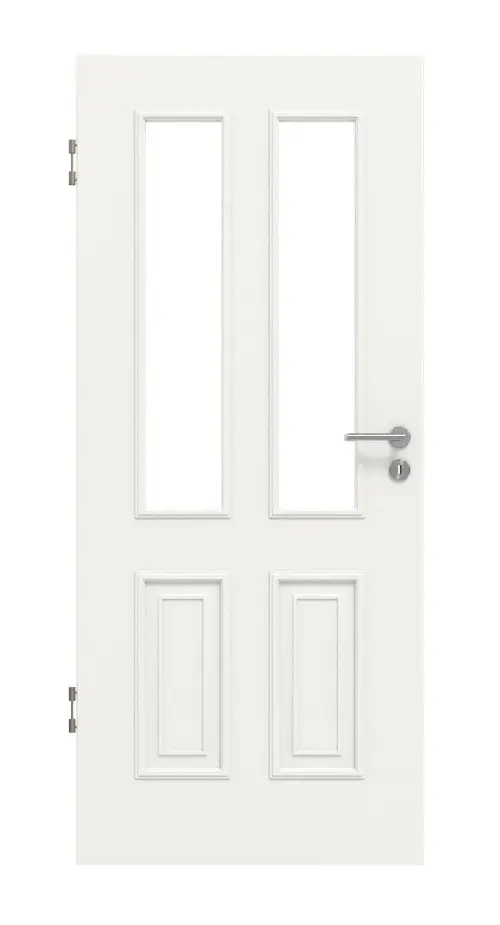 Widok frontowy marki HUGA drzwi wewnętrzne styl wiejski 4 biały lakier klasyczny z przeszkleniem LA