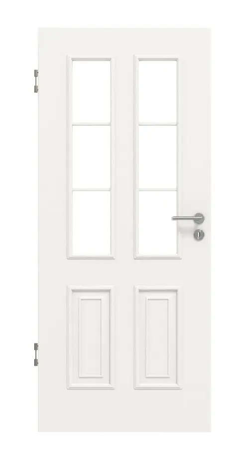 Widok frontowy marki HUGA drzwi wewnętrzne styl wiejski 4 biały lakier klasyczny z przeszkleniem LA szpros 1/3