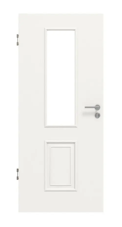 Widok frontowy drzwi wewnętrznych marki HUGA styl wiejski 5 biały lakier klasyczny z przeszkleniem LA