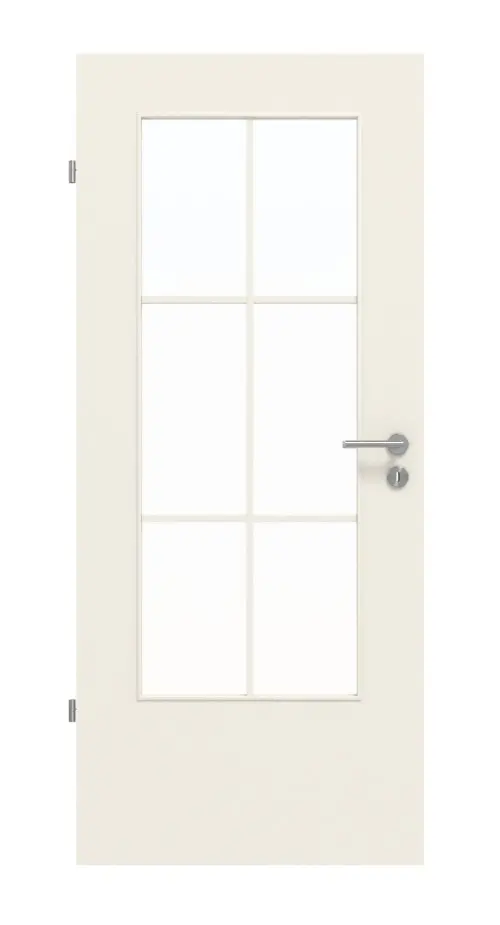 Widok frontowy: biały lakier Uni LÖ 23 z ramką szprosową (6 pól), panele laminowane (CPL) Duritop Optima, drzwi wewnętrzne - Jeld-Wen
