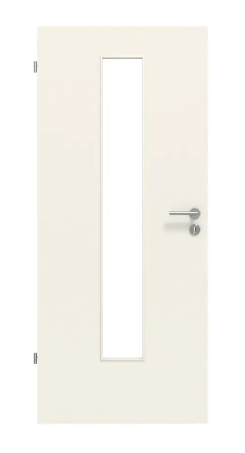 Widok frontowy drzwi wewnętrznych marki LEBO TGL Lebolit-CPL biały 9010 z wycięciem na szybę LA-24 na środku