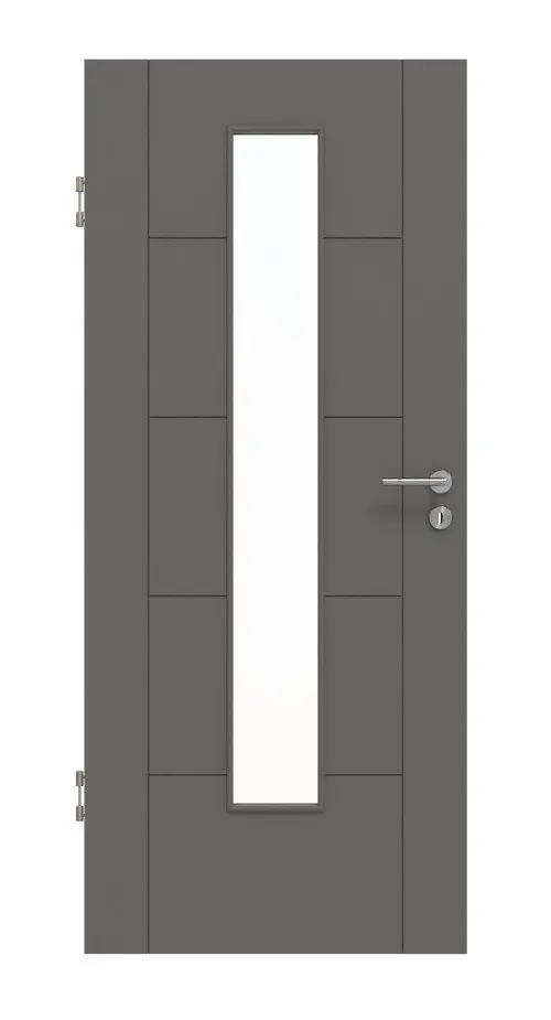 Widok frontowy marki Huga drzwi wewnętrzne Signum 13 Hygge szary RAL 7037 Lack Concept z przeszkleniem LA 24 na środku