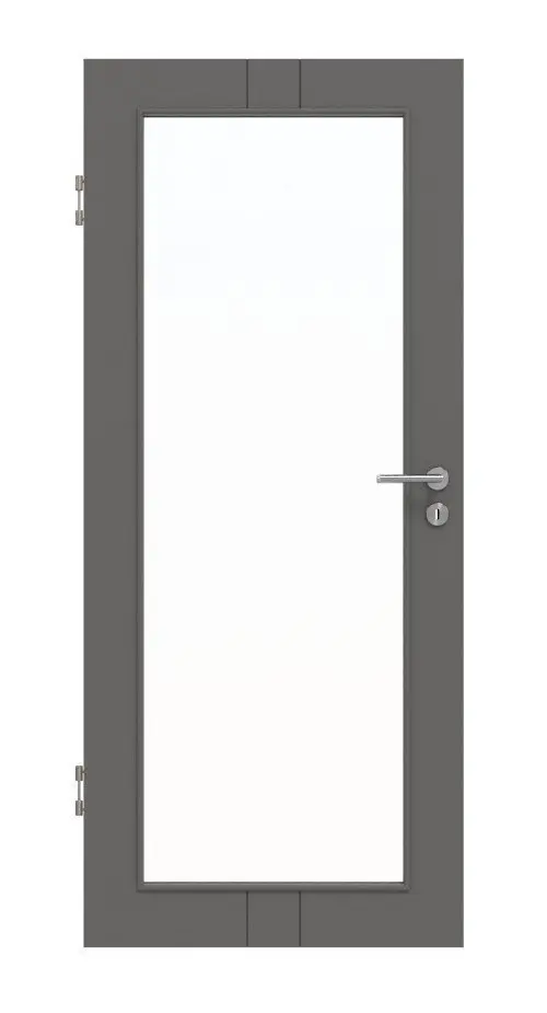 Widok frontowy drzwi wewnętrznych Huga Signum 23 Hygge szary RAL 7037 Lack Concept z przeszkleniem LA 27