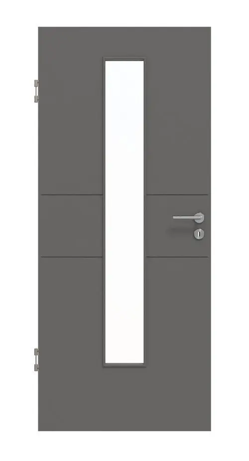 Widok frontowy drzwi wewnętrznych Huga Signum 29 Hygge szary RAL 7037 Lack Concept z przeszkleniem LA 24 na środku