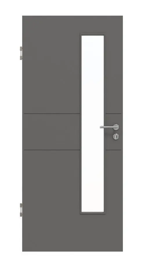 Widok frontowy marki Huga drzwi wewnętrzne Signum 29 Hygge szary RAL 7037 Lack Concept z przeszkleniem LA 24 od strony zamka