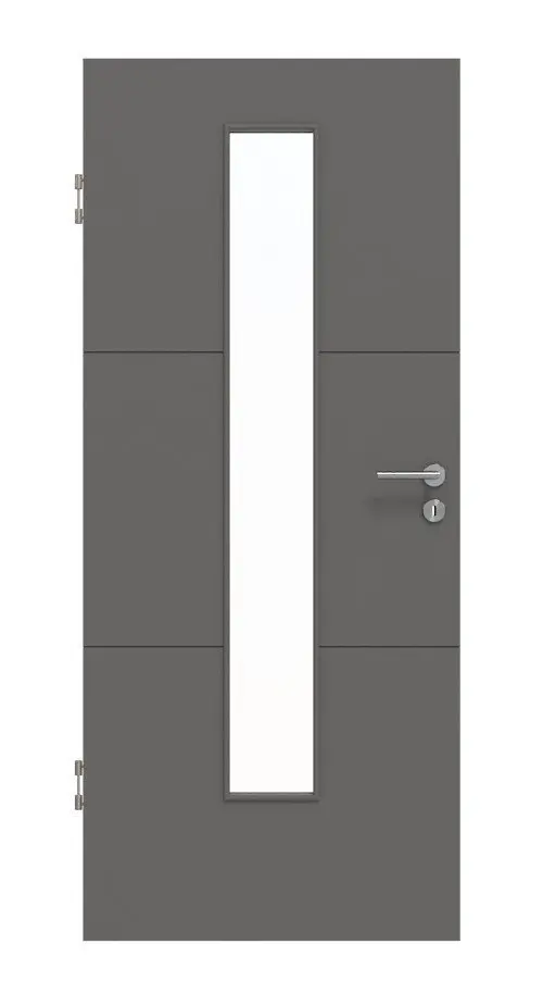 Widok frontowy drzwi wewnętrznych Huga Signum 31 Hygge szary RAL 7037 Lack Concept z przeszkleniem LA 24 na środku
