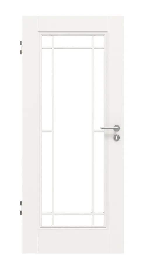 Widok frontowy marki HUGA drzwi wewnętrzne Kontur 1 biały lakier klasyczny z przeszkleniem LA Lugano