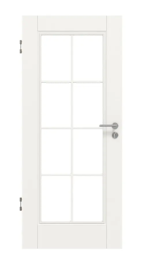 Widok frontowy drzwi wewnętrznych marki HUGA Kontur 1 biały lakier klasyczny z przeszkleniem LA szczeblina 2/4