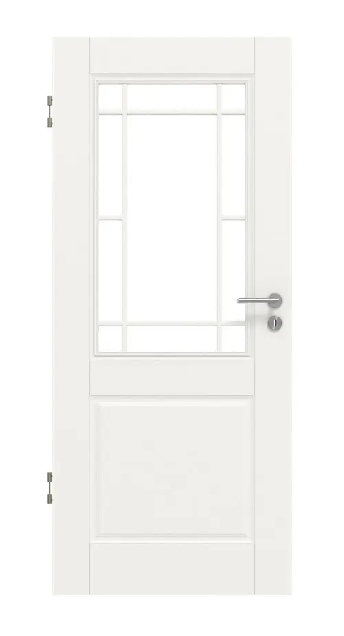 Widok frontowy drzwi wewnętrznych HUGA Kontur 2 biały lakier klasyczny z przeszkleniem LA Lugano
