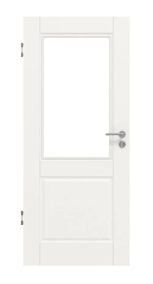 Widok frontowy drzwi wewnętrznych marki HUGA Kontur 2 biały lakier klasyczny z przeszkleniem LA