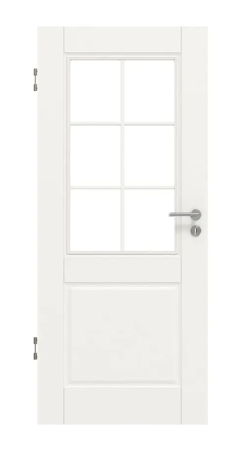 Widok frontowy drzwi wewnętrznych marki HUGA Kontur 2 biały lakier klasyczny z przeszkleniem LA szpros 2/3