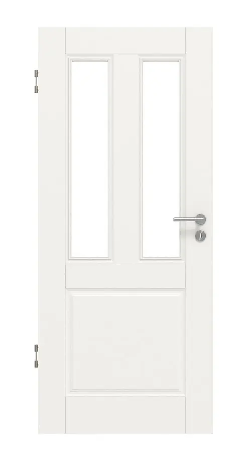 Widok frontowy drzwi wewnętrznych marki HUGA Kontur 3 biały lakier klasyczny z przeszkleniem LA