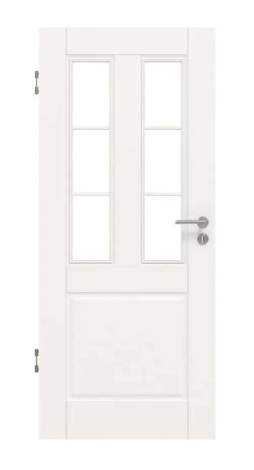 Widok frontowy drzwi wewnętrznych HUGA Kontur 3 biały lakier klasyczny z przeszkleniem LA szpros 1/3