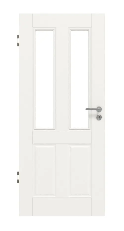 Widok frontowy drzwi wewnętrznych marki HUGA Kontur 4 biały lakier klasyczny z przeszkleniem LA