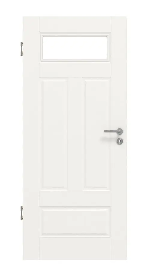 Widok frontowy marki HUGA drzwi wewnętrzne Kontur 5 biały lakier klasyczny z przeszkleniem LA 1