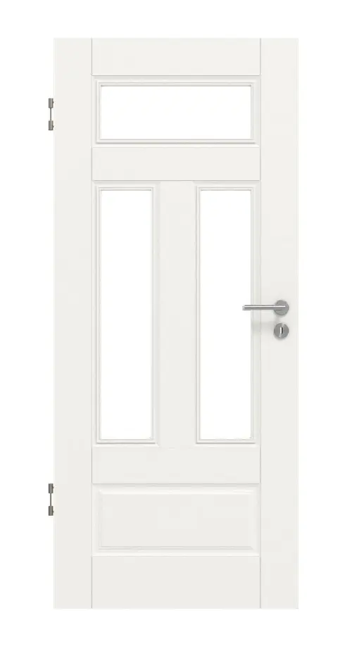 Widok frontowy marki HUGA drzwi wewnętrzne Kontur 5 biały lakier klasyczny z przeszkleniem LA 2