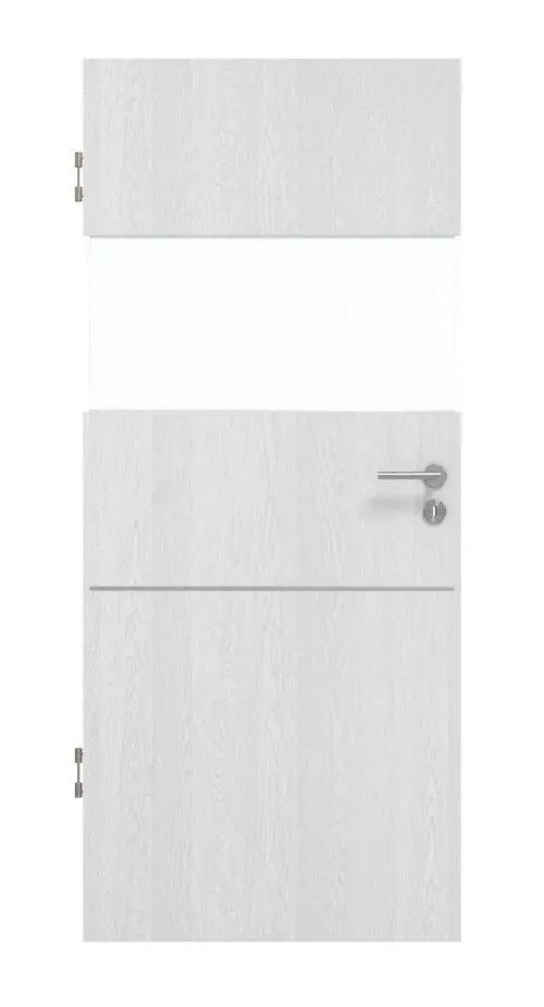 Widok frontowy drzwi wewnętrznych HUGA Smart 2 dąb biały Durat Concept z wycięciem na szybę wzdłuż z listwą Alesa 79