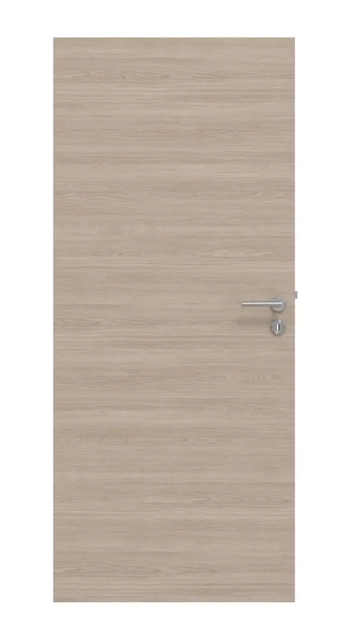 Widok frontowy marki HUGA zestaw drzwi wewnętrznych dąb szary wzdłuż Basic Durat bezprzylgowe z ościeżnicą i klamką