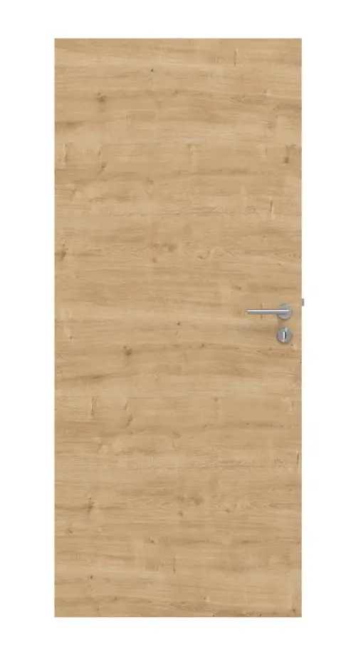 Widok frontowy zestawu drzwi wewnętrznych HUGA dąb sękaty wzdłuż Basic Durat bezprzylgowe z ościeżnicą i klamką
