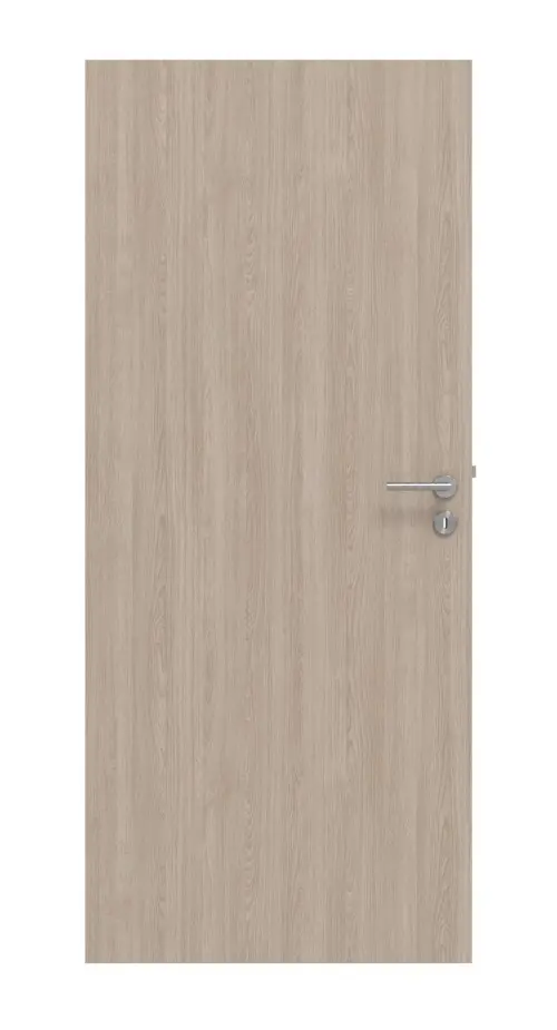 Widok frontowy zestawu drzwi wewnętrznych marki HUGA, dąb szary, Basic Durat, bezprzylgowe, z ościeżnicą i klamką.