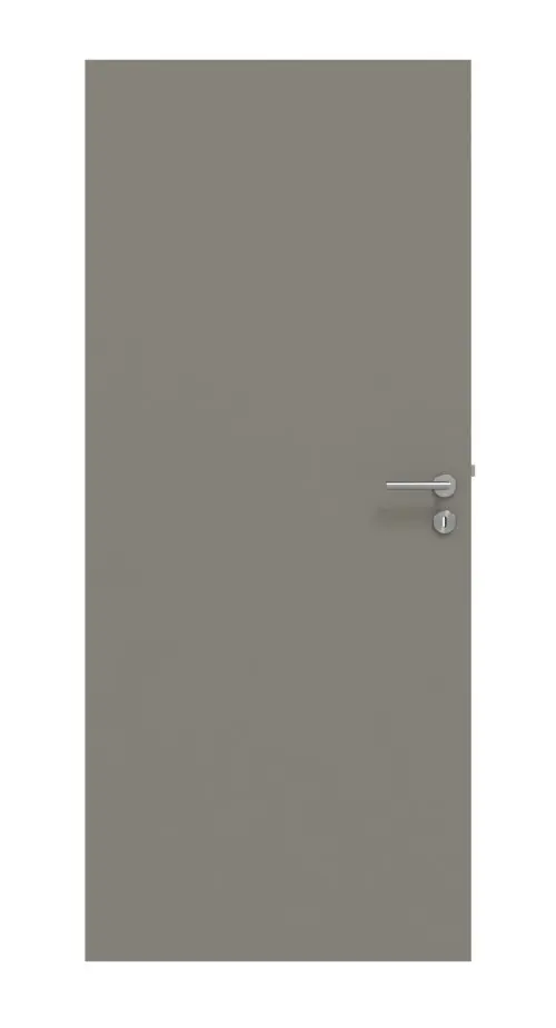 Widok frontowy zestawu drzwi wewnętrznych HUGA Hygge szary Basic Durat, bezprzylgowe z ościeżnicą i klamką.