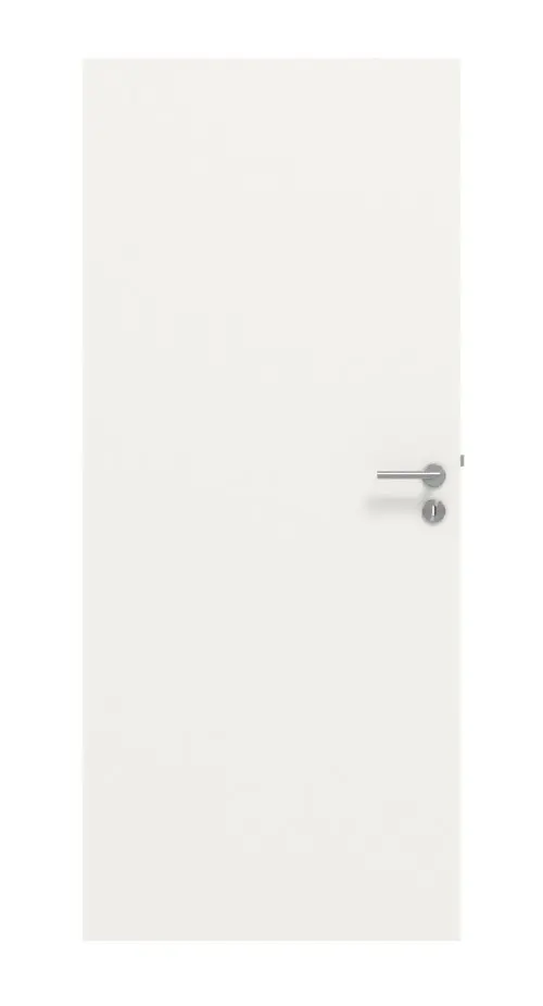 Widok frontowy HUGA: zestaw drzwi wewnętrzne, biały lakier, dekor podobny do RAL 9016, Basic Durat, bezprzylgowe, z ościeżnicą i klamką.