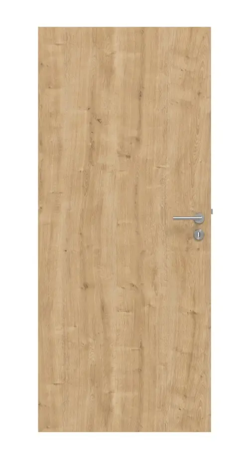 Widok frontowy zestawu drzwi wewnętrznych HUGA dąb sękaty Basic Durat, bezprzylgowych, z ościeżnicą i klamką.