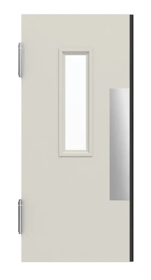 Widok frontowy kompletnego zestawu stalowych wielofunkcyjnych drzwi wahadłowych MZ-1 z LA-2 z ościeżnicą opaskową - Hörmann