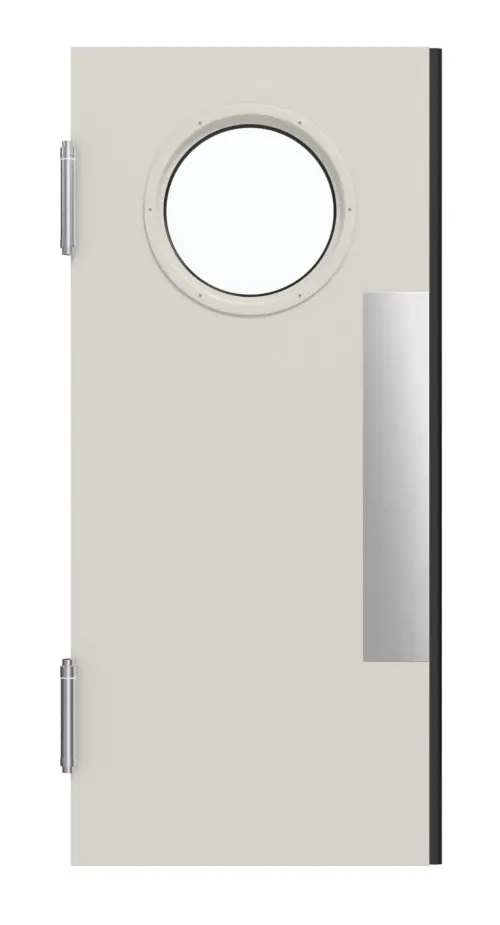 Widok frontowy kompletnego zestawu stalowych wielofunkcyjnych drzwi wahadłowych MZ-1 z zaokrąglonym LA i ościeżnicą narożną - Hörmann