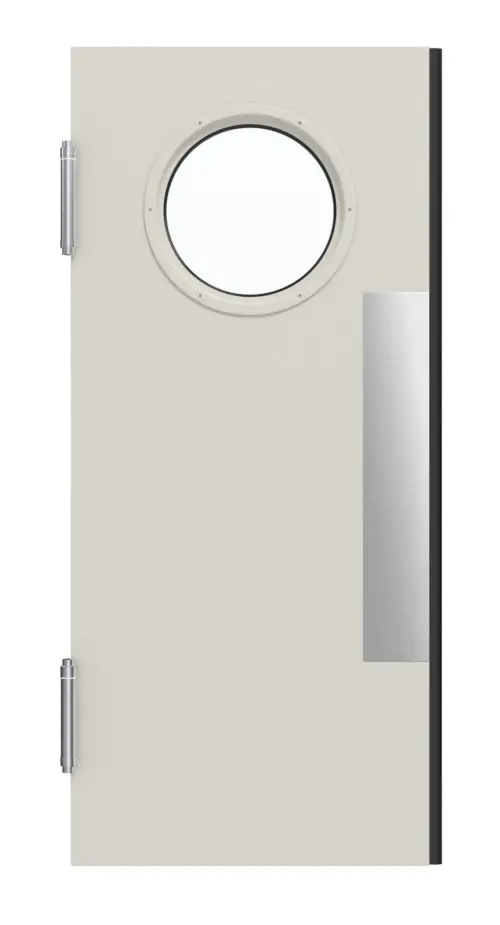 Widok frontowy – kompletny zestaw: stal, wielofunkcyjne drzwi wahadłowe MZ-1 z zaokrąglonym LA, w tym ościeżnica opaskowa - Hörmann