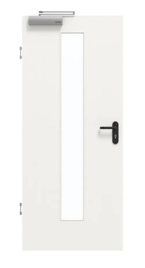 Drzwi dymoszczelne GARANT, w wersji z białym lakierem 9016, z przeszkleniem LA-4 na środku
