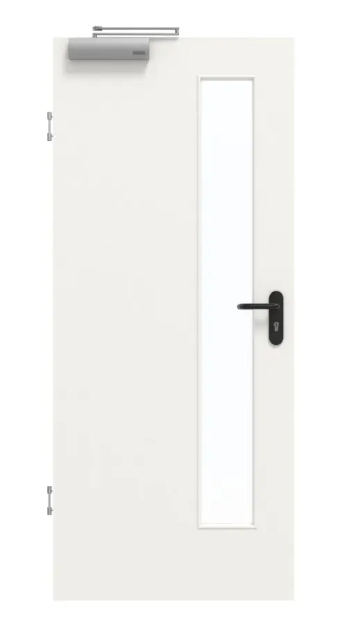 Drzwi dymoszczelne GARANT, w wersji z białym lakierem 9016, z przeszkleniem LA-4 po stronie zamka