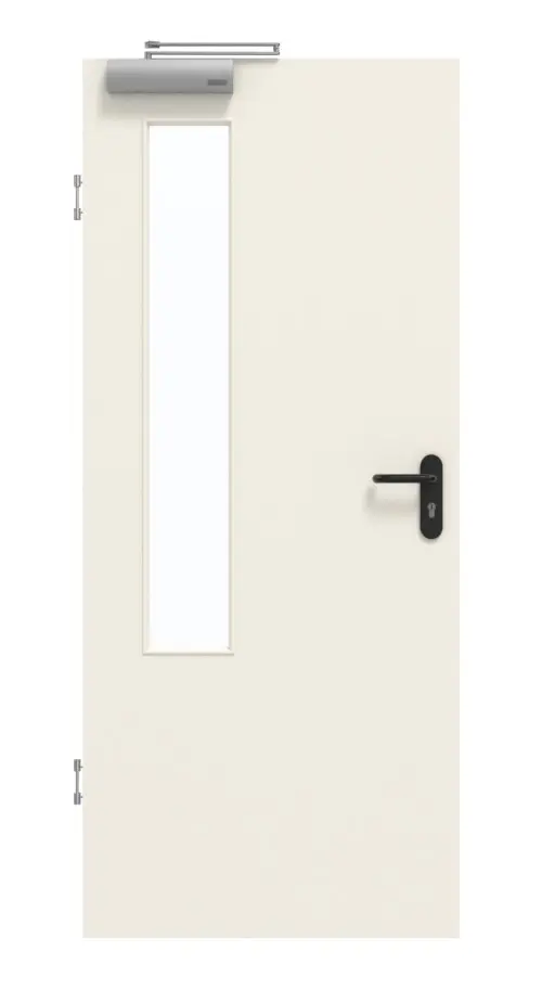 Widok frontowy drzwi dymoszczelnych GARANT, biały lakier 9010 z przeszkleniem LA-5 po stronie zawiasów.
