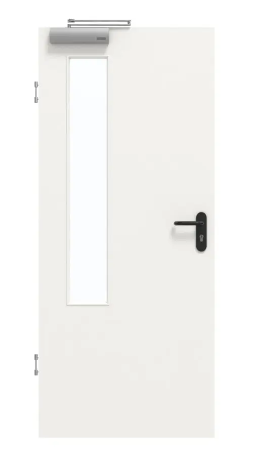 Drzwi dymoszczelne GARANT, z białym lakierem 9016 i przeszkleniem LA-5 po stronie zawiasów