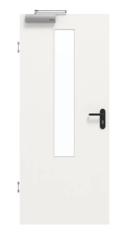 Drzwi dymoszczelne GARANT, w wersji z białym lakierem 9016, z przeszkleniem LA-5 na środku