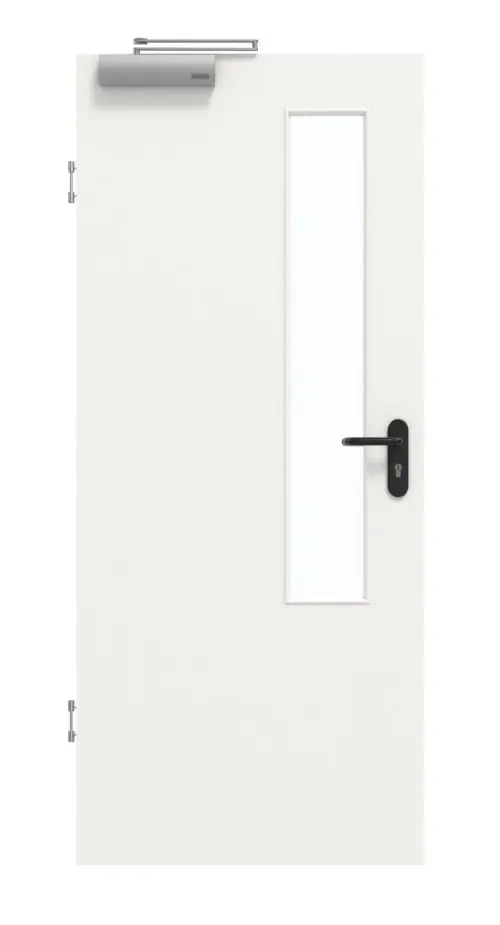 Drzwi dymoszczelne GARANT, w wersji z białym lakierem 9016, z przeszkleniem LA-5 po stronie zamka