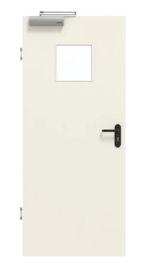 Widok frontowy drzwi dymoszczelnych marki GARANT, biały lakier 9010, z przeszkleniem LA-7.