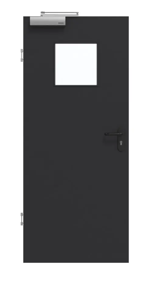 Widok frontowy drzwi dymoszczelnych marki GARANT matowy RAL 9005 G-TEC z wycięciem na szybę LA-8