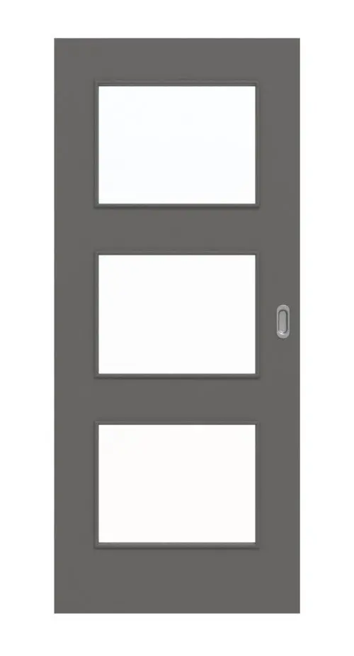 Widok frontowy drzwi przesuwnych Huga Hygge szary RAL 7037 Durat Basic z wycięciem na szybę LA 11