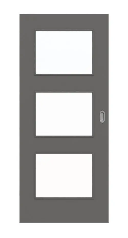Widok frontowy drzwi przesuwnych Huga Hygge lakierowane Basic szary RAL 7037 z przeszkleniem LA-11