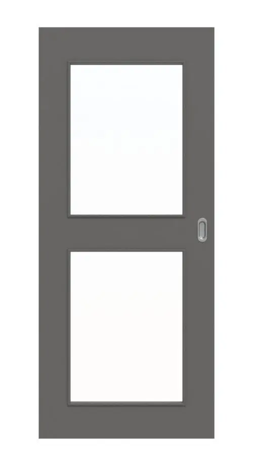 Widok frontowy drzwi przesuwnych Huga Hygge szary RAL 7037 Durat Basic z przeszkleniem LA 12