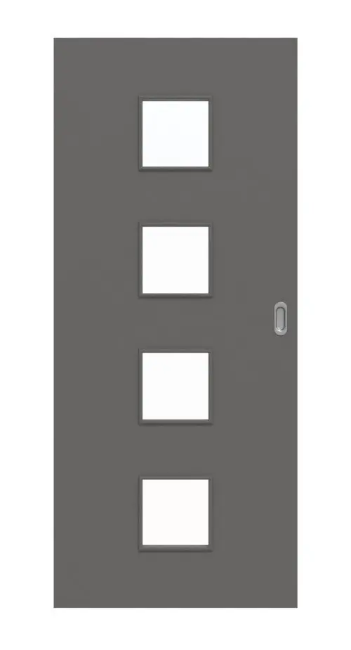 Widok frontowy drzwi przesuwnych Huga Hygge szary RAL 7037 Durat Basic z przeszkleniem LA 14