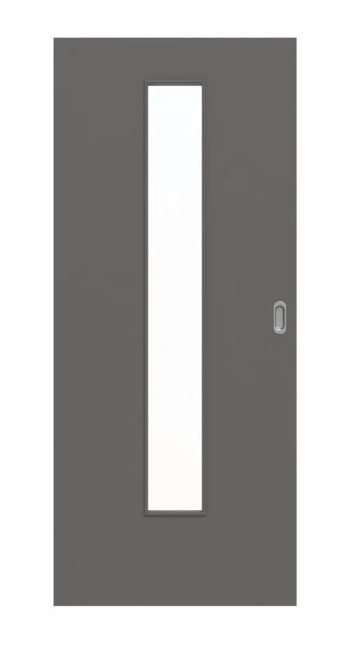 Widok frontowy drzwi przesuwnych Huga Hygge, szary RAL 7037, lakier Basic z przeszkleniem LA-24 na środku