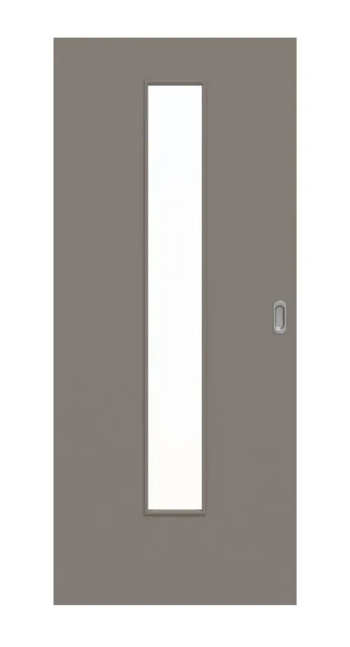 Widok frontowy drzwi przesuwnych taupe (kolor ciemnoszaro-brązowy) RAL 7048 lakier LA 24 na środku Basic - Huga