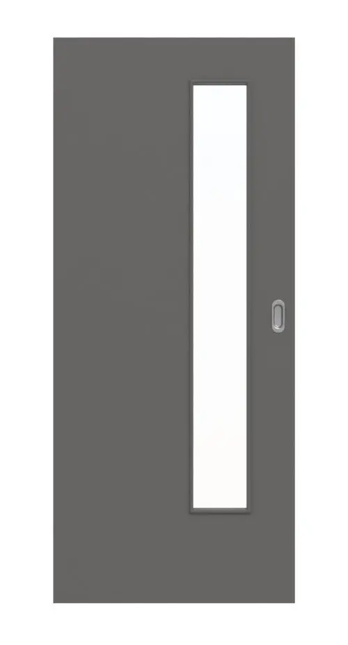 Widok frontowy drzwi przesuwnych Huga Hygge szary RAL 7037 lakierowane Basic z przeszkleniem LA-24 od strony zamka