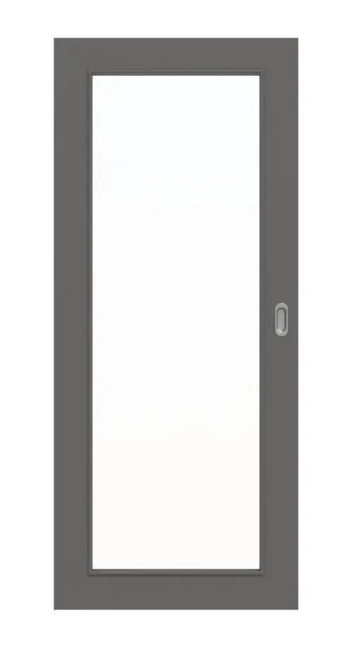 Widok frontowy drzwi przesuwnych Huga Hygge szary RAL 7037 Durat Basic z przeszkleniem LA 27